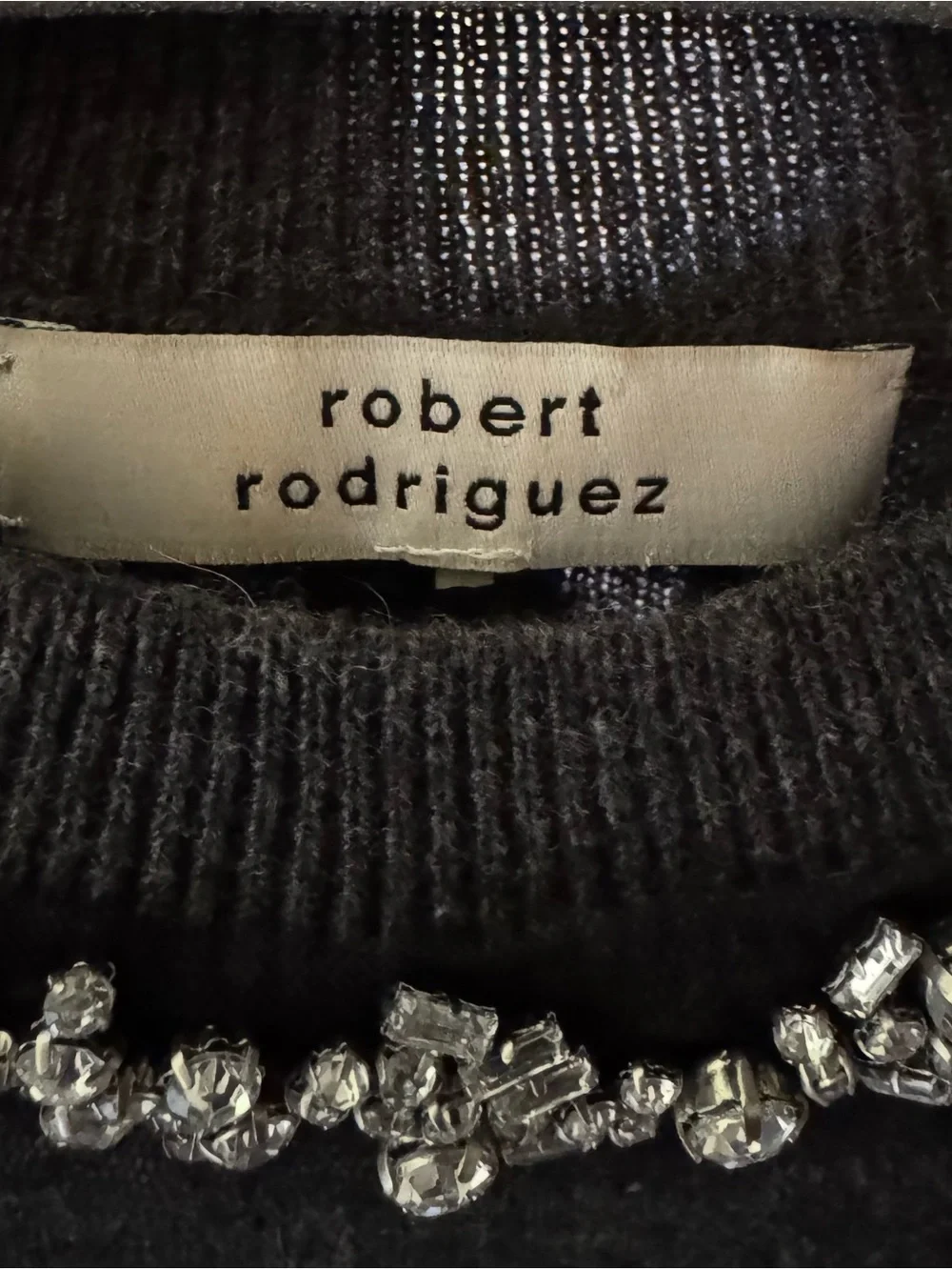 Robert Rodriguez Charcoal Crewneck Sweater with Crystal Embellished Neckline
